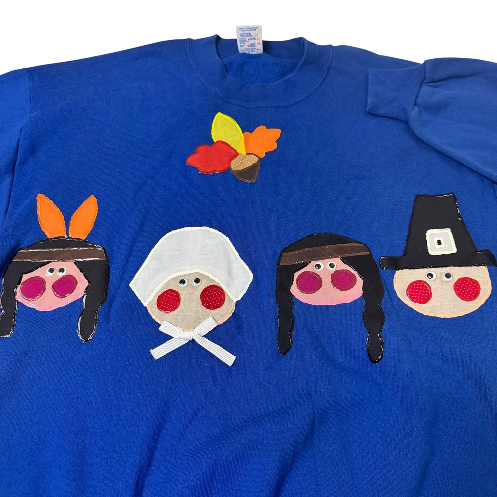 Vintage Thanksgiving Applique Sweatshirt Blue Womens Large USA Made 90s Jerzees - Picture 2 of 7
